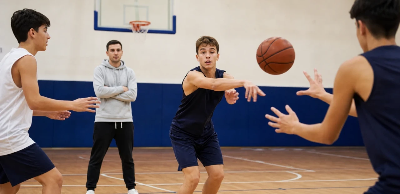 Spor salonunda pas çalışması yapan genç basketbolcular